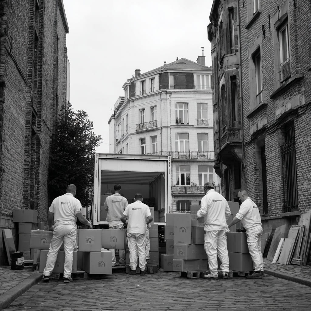 des déménageurs déchargent des cartons de déménagement à Lille
