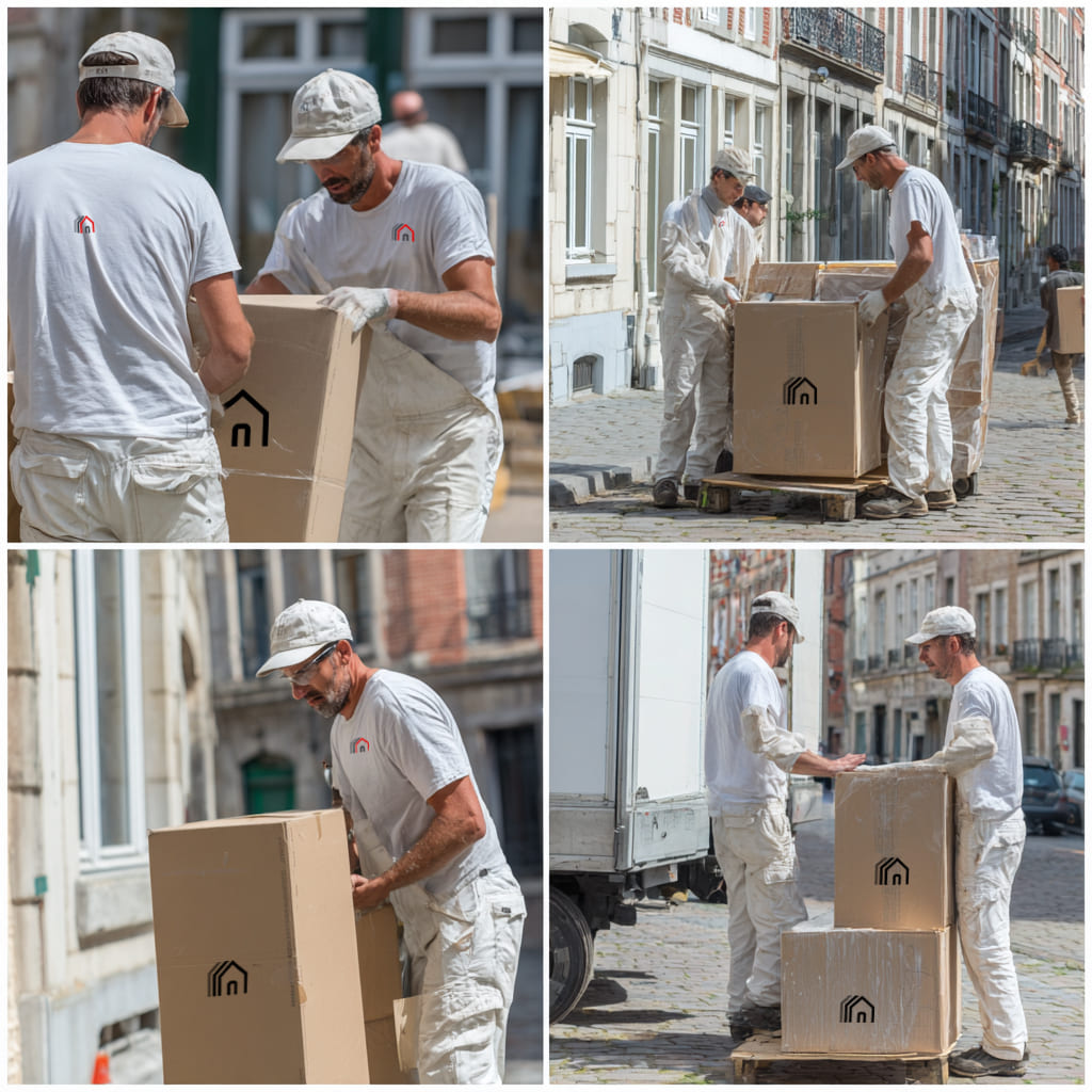 des déménageurs professionnels à Angers portent des cartons de déménagement