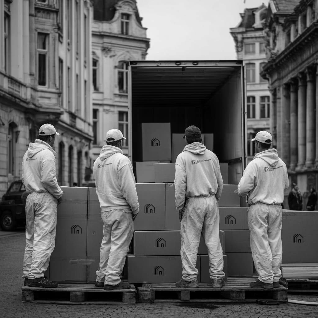 des déménageurs déchargent un camion de déménagement a Nimes
