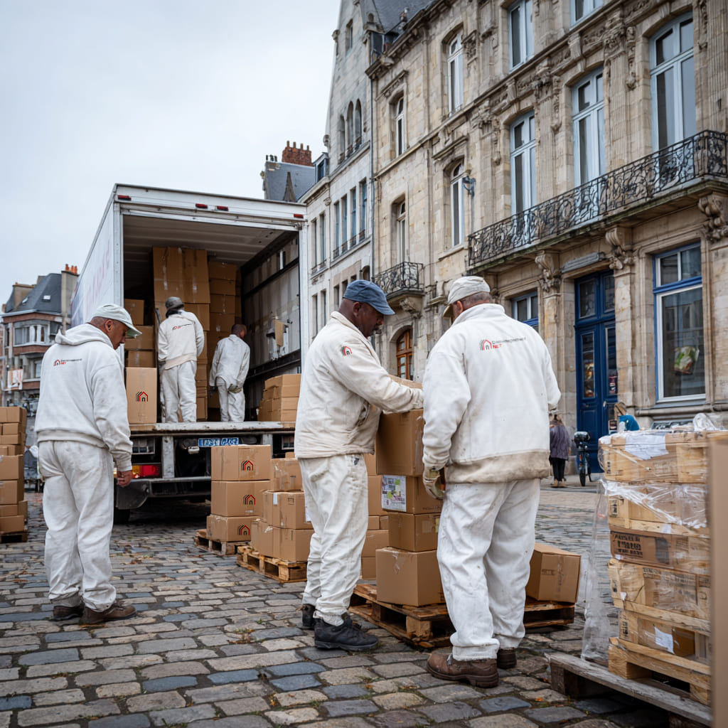déchargement d'un camion de déménagement a Reims par des experts déménageurs